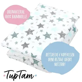 TupTam Kinder Gemusterte Bettdecken Set Ganzjahresdecke Bettdecke Kopfkissen Flachkissen 2tlg., Farbe: Sterne Mint/Schwarz, Größe: 135x100 cm