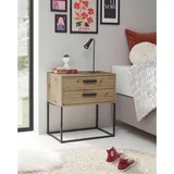 Stella Trading SUNA Nachttisch in Artisan Eiche Optik - Moderner Nachtschrank mit Schubladen und schwarzem Metallgestell - 60 x 65 x 38,5 cm (B/H/T)