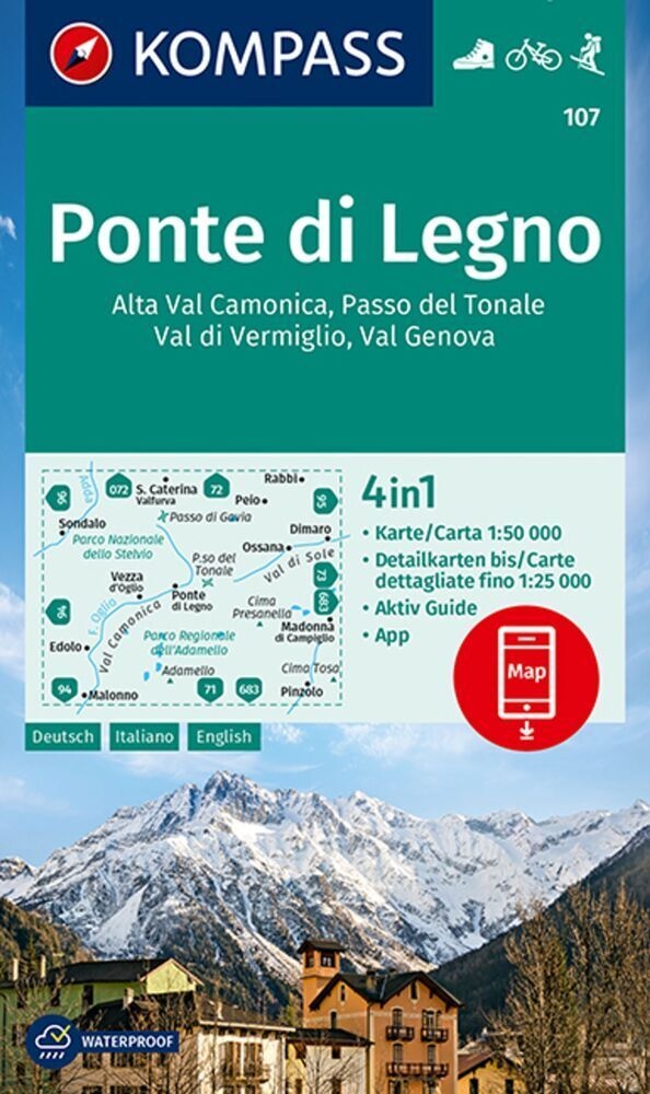 Kompass Wanderkarte 107 Ponte Di Legno  Alta Val Camonica  Passo Del Tonale  Val Di Vermiglio  Val Genova 1:50.000  Karte (im Sinne von Landkarte)