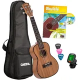 Cascha HH 2036 FR Premium Mahagoni Konzert Ukulele Bundle mit französischer Ukulelenschule, Stimmgerät, gepolsterter Tasche, 3 Picks und Aquila Qualitäts-Saiten