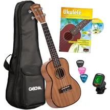 Cascha HH 2036 FR Premium Mahagoni Konzert Ukulele Bundle mit französischer Ukulelenschule, Stimmgerät, gepolsterter Tasche, 3 Picks und Aquila Qualitäts-Saiten