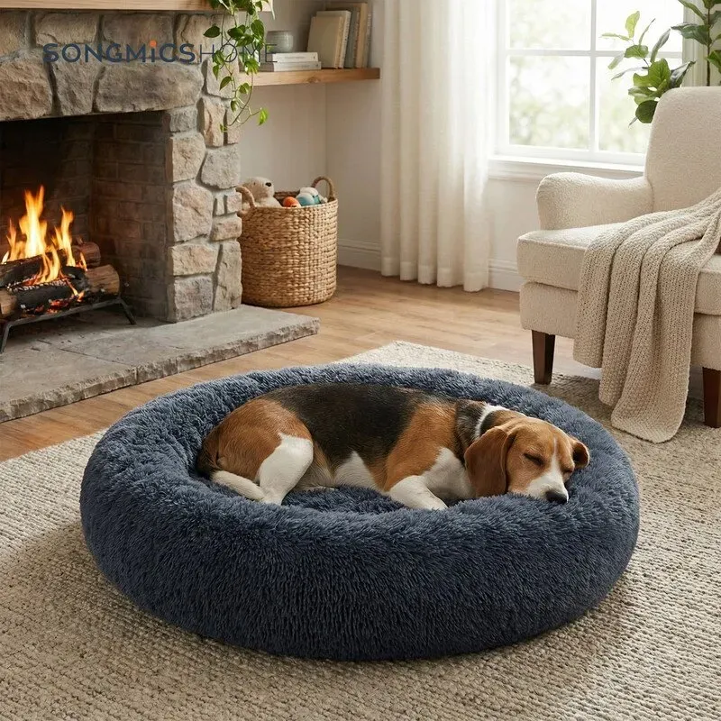 SONGMICS Flauschiges Hundebett, Katzenbett, Donut-Kissen, waschbar, herausnehmbare Polsterung in der Mitte, langes Plüschmaterial, 90 cm Durchmesser, dunkelgrau