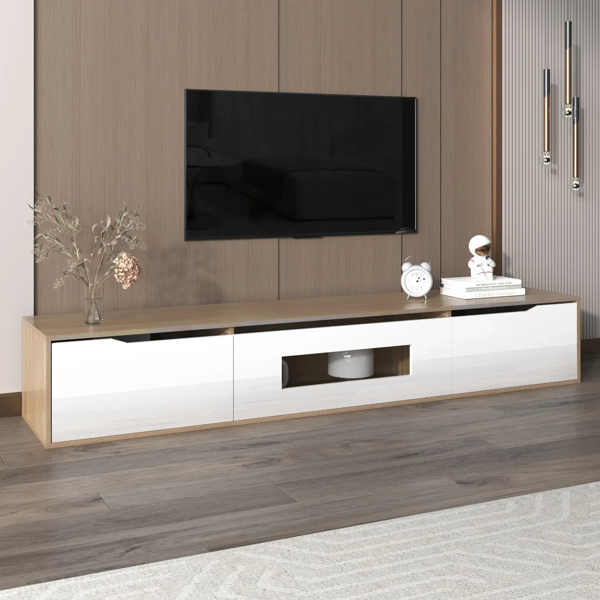 TV-Schrank 180cm LED Hochglanz Weiß Holz 4 Lichtmodi Wandmontage möglich mit LED-Beleuchtung Hochglanzoptik Holzdesign Weiß moderner Stil   Aosom.de