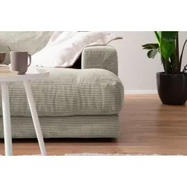 KAWOLA Big Sofa MADELINE mit Holztablett natur für Armlehne Cord steingrau