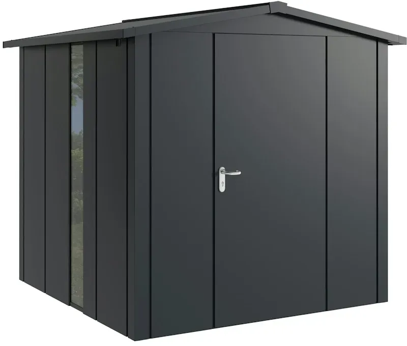 Hörmann Metall-Gerätehaus Juno JSD mit Satteldach B 214 x T 214 cm (JSD 5) mit bodentiefem Glaselement Motiv Design (mit breiten Lamellen) Einzeltür Türanschlag rechts Anthrazitgrau (RAL 7016)