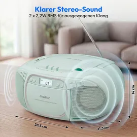 Medion E66476 Stereo Sound System (Boombox, CD-Player, MP3, Kassette, tragbarer Kassettenspieler für Kinder, UKW Radio, AUX, Kopfhörer, Netz & Batterie) grün