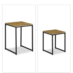 Relaxdays Beistelltisch 2er Set, stapelbar, Industrie Design, Satztisch 2 Größen, quadratisch, Metall, Holzoptik/schwarz