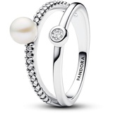 PANDORA Timeless Behandelte Süßwasserzuchtperle & Pavé Doppelband-Ring aus Sterling Silber mit Zirkonia, Größe: 52,