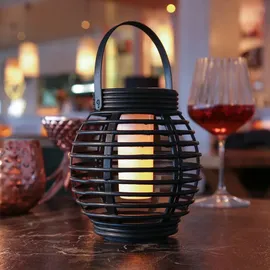 MARELIDA LED Solar Laterne Flammeneffekt Balkon Tischleuchte Korboptik mit H: 17cm in schwarz