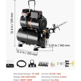 Vevor Airbrush Set 1 St. 1/6 PS mit Luftkompressor & Tank, 1 Düse (0,3 mm) & Schlauch & Acrylfarbe