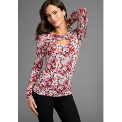 Langarmshirt LAURA SCOTT, Damen, Gr. 32/34, bunt, Jersey, Obermaterial: 95% Viskose, 5% Elasthan, bedruckt, geblümt, feminin, figurbetont hüftlang, hoch geschlossener Ausschnitt, Langarm, Shirts, mit Twisteffekt im Ausschnitt