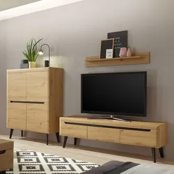 Design Wohnwand in Wildeichefarben Schwarz (dreiteilig)