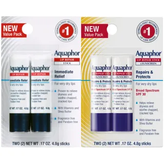 Aquaphor Lip Repair, Moisturizing Lip Balm Multipack (2 Repair sticks + 2 Repair & Protect SPF 30 sticks)