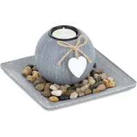 Relaxdays Teelichthalter Set mit Tablett & Steinen, 15,5 x