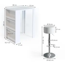 Vicco Bartisch 80 x 57 cm Weiß mit 2 Barhockern