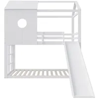 FUROKOY Etagenbett Etagenbetten weiß Massivholzbett, Hausbett mit Hausformen, (Hochbett mit Fallschutzgeländer und Lattenrost,Spaß-Rutsche), Kinderbett in Hausform,Matratze nicht inklusive,Seite mit Stufenleiter weiß