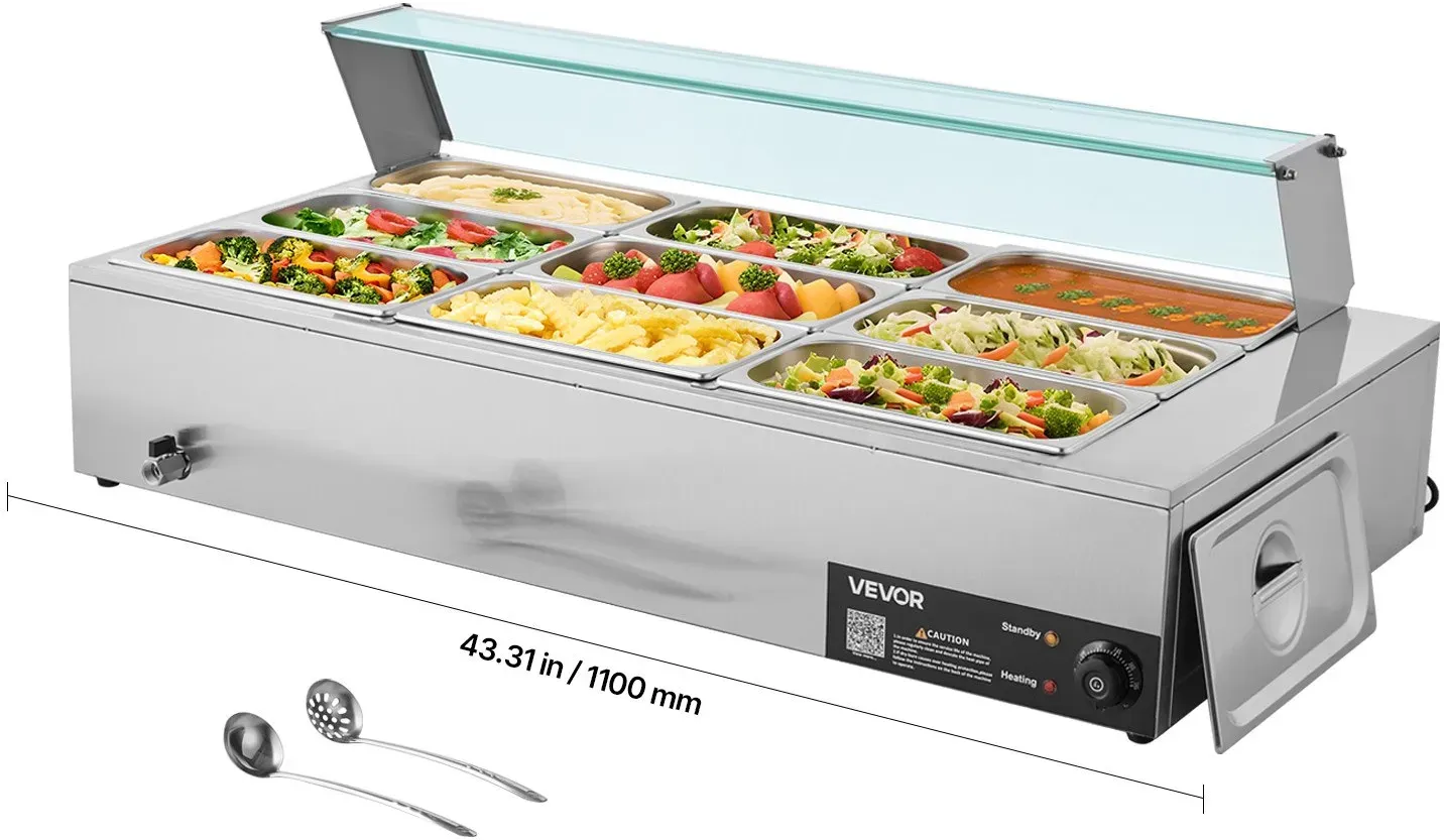 VEVOR kommerzieller Speisenwärmer (9 x 1/3 Größe Behälter), 1,5 kW elektrischer Wärmebehälter aus Edelstahl mit Glasabdeckung & Suppenkelle, Chafing Dishes für Catering Restaurant Party
