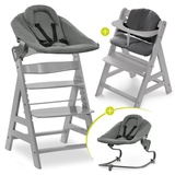 hauck Alpha Plus Grey 4-tlg. Newborn Set - Hochstuhl + 2in1 Neugeborenen-Aufsatz & Wippe + Hochstuhlauflage - Jersey Charcoal