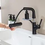LakeBayMZC Waschtischarmatur mit herausziehbarer Brause Wasserhahn Bad,Einhebelmischer Badarmatur Waschtischarmatur für Aufsatzwaschbecken mit 6 WasserstrahlartenBrause ausziehhar,Schwarz Matt