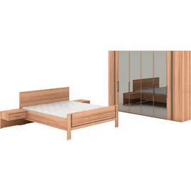 Musterring Schlafzimmer-Set MUSTERRING "Sorrent, Kleiderschrank, Bett & Nachtkommoden, teilmassiv Eiche", braun, Schrank 300cm Breit / 216cm Hoch + ohne Matratze, B/H: 180cm x 200cm, Schrank 300cm Breit / 216cm Hoch, Glas, Hartfaserplatte, Holz teilmassiv,