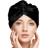 Praelian Elegante Schwarze Seidenhaube für Gesunden Schlaf – Atmungsaktive Schlafhaube aus Seide mit Elastischem Bund, 16x10x4 cm, Ideal für Langhaar, Locken und Trockenes Haar