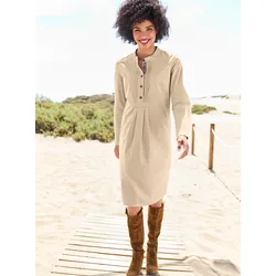 A-Linien-Kleid HEINE "Cord-Kleid", Damen, Gr. 42, Normalgrößen, beige (sand), 100% Baumwolle, unifarben, kurz, Rundhals, Langarm, Kleider