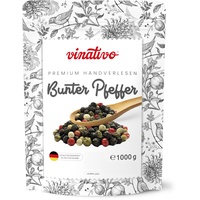 vinativo Bunter Pfeffer – ganz – 1kg – Premium Qualität – Pfefferkörner von schwarzem, weißem, grünem Pfeffer und rote Beeren – für die Mühle geeignet