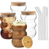 VITEVER Latte Macchiato Gläser Set, 4 Eiskaffee Gläser mit Deckel, Spülmaschinenfest, Bubble Gläser 550 ml, Longdrinkgläser, Cocktailgläser, kostenlose Bürste und Strohhalm