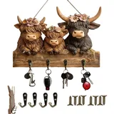 Rustikaler Highland-Kuh-Schlüsselhalter aus Holz für die Familie, Bauernhaus-Wandbehang-Organizer mit 4 Metallhaken, dekoratives Metall-Schlüsselbrett im Landhausstil mit Kuh-Wand (#A)