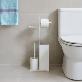 Relaxdays WC Garnitur, HxBxT: 67 x 22 x 12 cm, stehender Klopapierhalter, Klobürste, Ersatzrollenhalter, Ablage, weiß