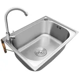 Wandmontage Waschbecken Handwaschbecken Universal Waschtrog Inkl Wasserhahn Camping Spülbecken Edelstahl Ausgussbecken Für Garage Keller Werkstatt Und Waschküche (50x40cm)