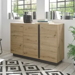 Wohnzimmer Kommode in Wildeiche Optik und Dunkelgrau 3 Türen und Dämpfung