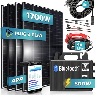 sunniva SUNNIVA® 1700W Balkonkraftwerk 800W komplett Steckdose - TSUN 800W Micro Wechselrichter - PV Solaranlage Komplettset, 4x 425W (1700W) Solarmodule, inkl.5m Kabel, Y-Verteiler, Bluetooth, WIFI