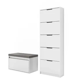 Vicco Luca 59 x 169 x 22 cm weiß / weiß matt mit Sitzbank, 5 Fächer, 5 Schubladen