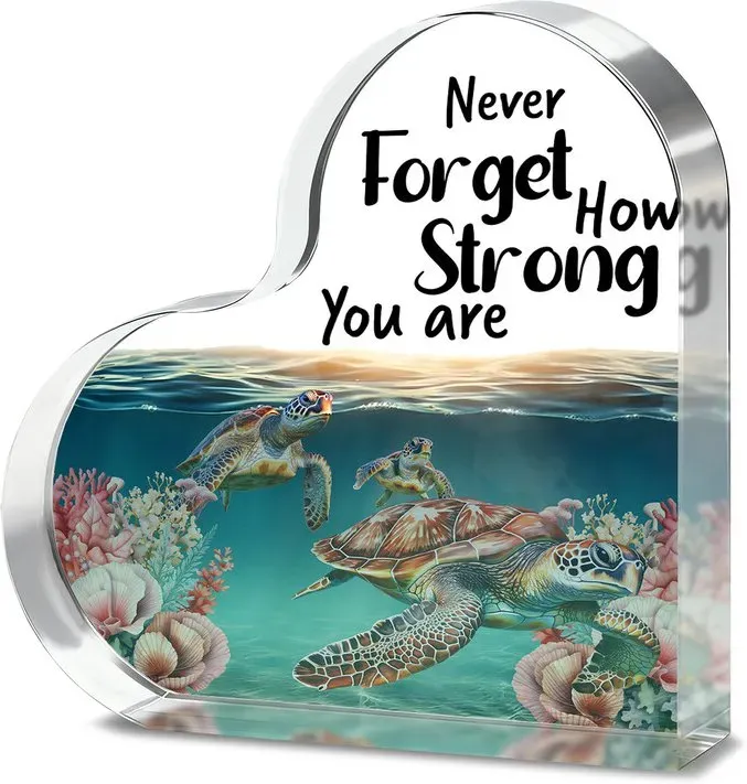 Alphynix Herz-Akryl-Plakette, 1 Stück, „Never Forget How Strong You Are“ - inspirierendes Geschenk mit Meeresschildkröten- und Korallenriff-Design, Mutmachgeschenk für Freunde