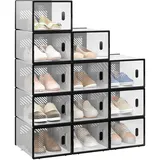 WOLTU Schuhbox stapelbar, 12er Set, Schuhkarton mit magnetischer Tür, Kunststoffbox für Schuhaufbewahrung, Faltbarer Schuhorganizer, 35x19x25 cm, transparent schwarz, SRX12stp