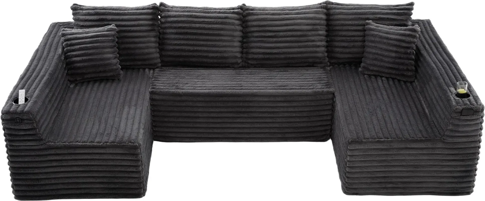 U-förmiges Cord-Sofa, integriertem Getränkehalter und Seitentasche, Federkernpolsterung, 320x155x88 cm, Dunkelgrau