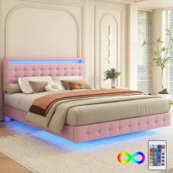 Merax 140*200cm Polsterbett, LED-Umgebungslicht, 24-Tasten-Fernbedienung, PU-Material, dreistufige Höhenverstellung des Kopfteils, Rosa