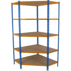 SimonRack Maderclick Eckregal aus Metall ohne Schrauben, 5 Böden. Farbe BLAU/ORANGE/HOLZ 1800x900x300 mm