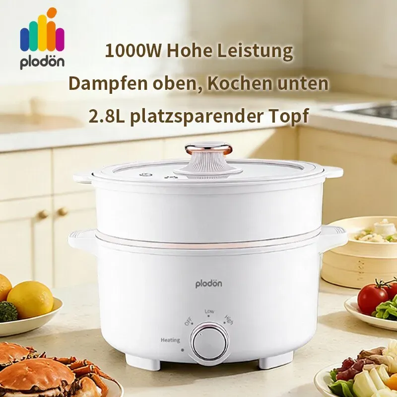 Plodon 1000W 2,8L Multifunktions-Elektro-Topf mit Antihaftbeschichtung, Dampfgarer, Reise-Elektrokocher, Fondue, mit doppelter Leistungsregelung, Schnellkochtopf, für Ramen-Nudeln/Pasta/Eier/Suppe/Haferbrei