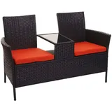 MCW Poly-Rattan Sitzbank mit Tisch E24 Schwarz Kissen Terracotta