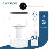 Wessper D2 Borosilikatglas-Filterkanne FutureFlow 3 l | Wessper Wasserfilterkanne 3 l Wasserfiltersystem Schwarz | 10x Wasserfilterkartusche - Schwarz