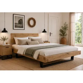 Home Affaire Massivholzbett Ultima Balkenbett Doppelbett, Füße Metallkufe (hohe Belastbarkeit: 200kg je Seite), FSC®-zertifizierte Wildeiche oder Fichte, viele Breiten zur Auswahl beige 198 cm x 228 cm x 88 cm