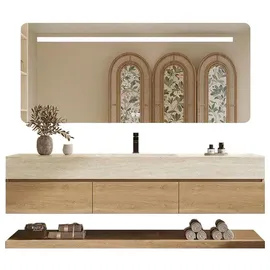 360Home Wandhängendes Waschbecken-Set - Sinterstein - Travertine look, mit Spiegel, Unterschrank, Ablage & Ablauf, mit Armaturenloch 120×55 cm【YT9865-1...