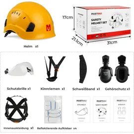 mustbau Sicherheitshelm-Set, EN397 Schutzhelm mit Ohr- und Gesichtsschutz, verstellbares Kopfband von 53 bis 63 cm, strapazierfähiges ABS-Material