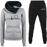 PW TOOLS Damen Trainingsanzug Set 2-Teilig Damen Casual Sportswear Set Heartbeat Print Hoodie Jogginganzug Damen Set Trainingsanzug Damen Kapuzenpullover Sporthose Set - M