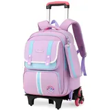 Tanou Trolley Rucksack mit Rollen 2-teilig, Langlebiger Schulranzen Trolley Mädchen mit Stiftetasche, Abnehmbare Schulranzen für Kinder mit Rollen 1.-4. Klasse, 16 Zoll, Lila