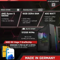 SYSTEMTREFF Gamer Komplett-Paket - Ryzen 5 5600G - AMD RX Vega - 7Core 4GB - 16GB - 512GB M.2 NVMe + - 24 Zoll Monitor - Desktop PC