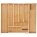 Relaxdays Besteckkasten Bambus ausziehbar 6-8 Fächer 2 Messerblöcke hbt 5 x 32 x 43 cm