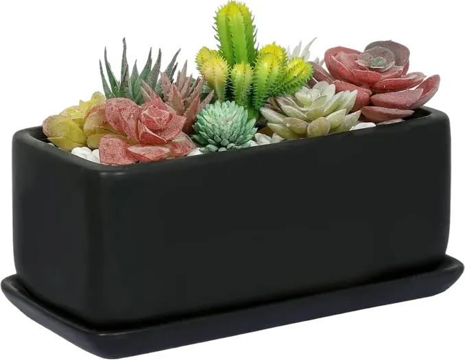 MyGift 10 Zoll matt schwarzer Keramik Indoor Pflanztopf Sukkulenten Pflanzer, dekorativer Blumentopf mit Abflussloch und abnehmbarem Tablett